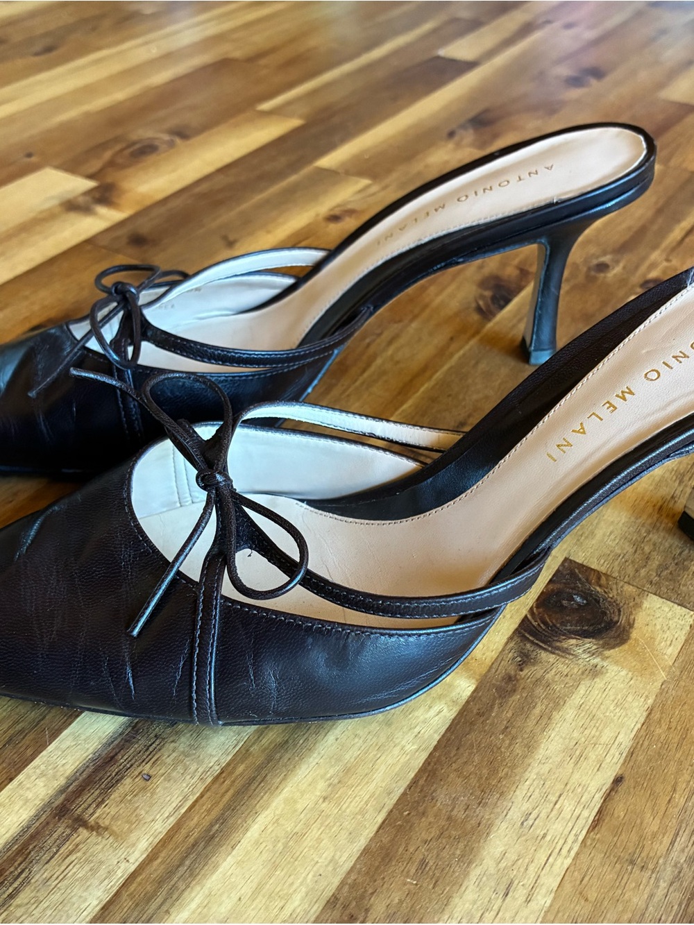 ANTONIO MELANI Chocolate Brown Leather Pointed Toe Slingback Mules with Bow - Picture 4 of 9